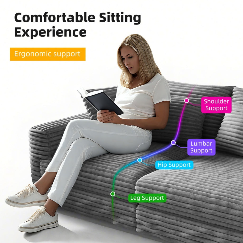 102.4 'Plush Corduroy 4-Seat Sofa,Modern Comfy Upholstered Sofa Cloud Couch,Deep Seat Couches with Soft Pillows and Movable Ottoman,Convertible Sofa Lounge Chair,for Living Room,Apartment,Office,Grey