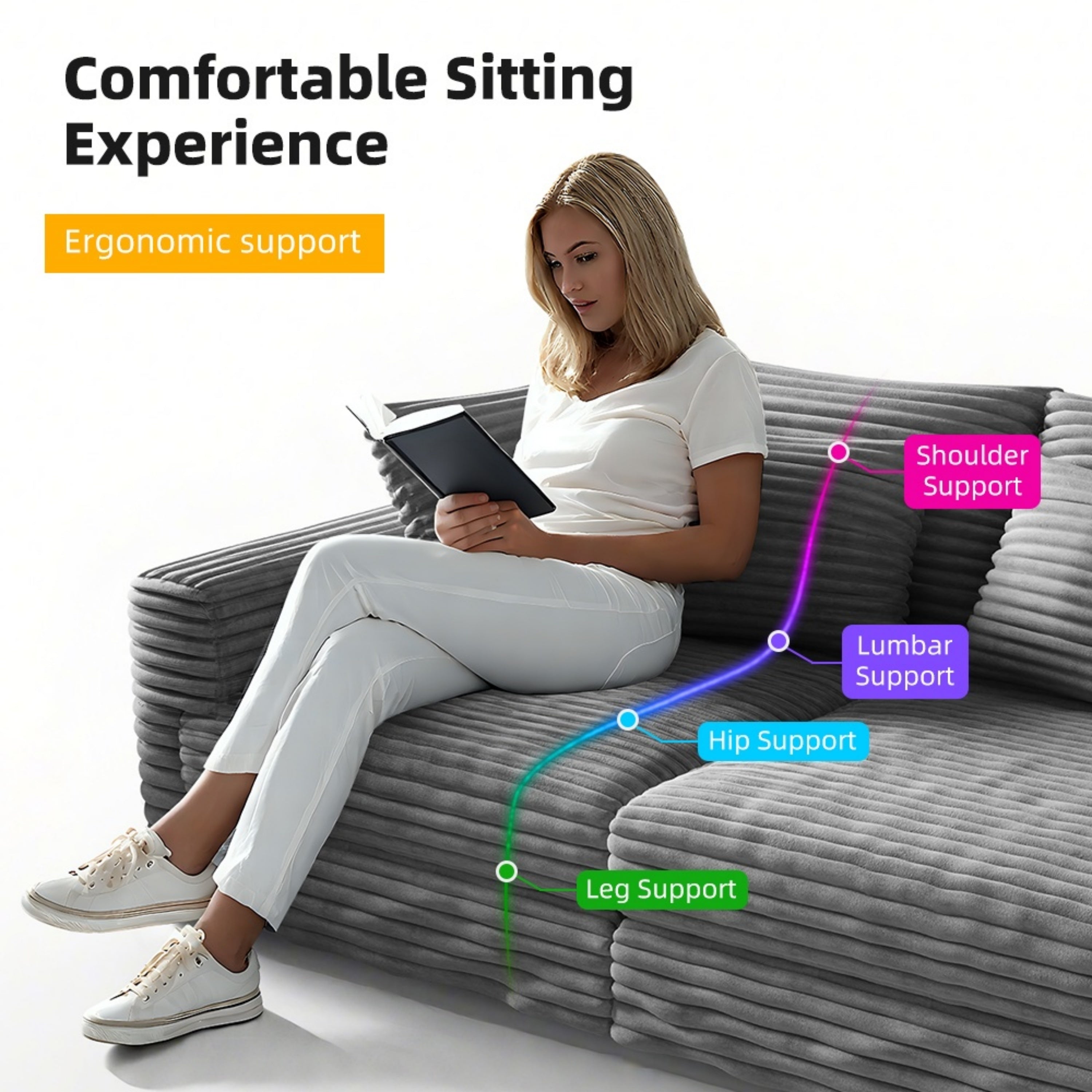 102.4 'Plush Corduroy 4-Seat Sofa,Modern Comfy Upholstered Sofa Cloud Couch,Deep Seat Couches with Soft Pillows and Movable Ottoman,Convertible Sofa Lounge Chair,for Living Room,Apartment,Office,Grey