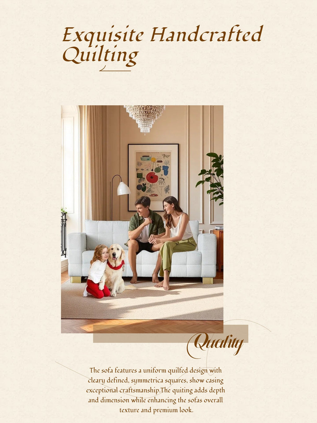 FX-P54-BE SOFA  Contemporary Beige Chenille Couch, Deep-Seat 3-Person Sofa with Wide Armrests & Brushed Stainless-Steel Block Legs Soft Upholstered Sofa for Living Room