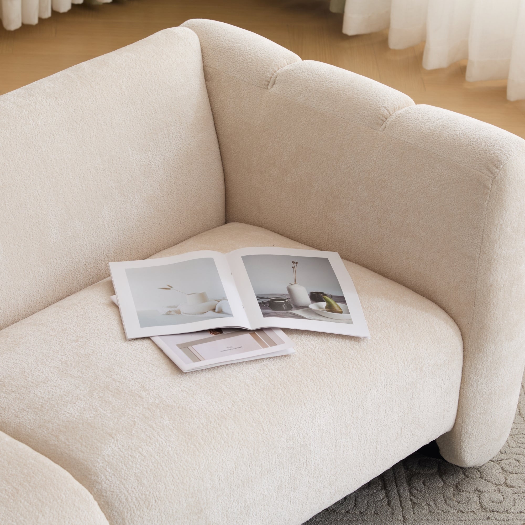 Tonson Wave Design 3-Seater Sofa, Beige Fabric, 83 Inches