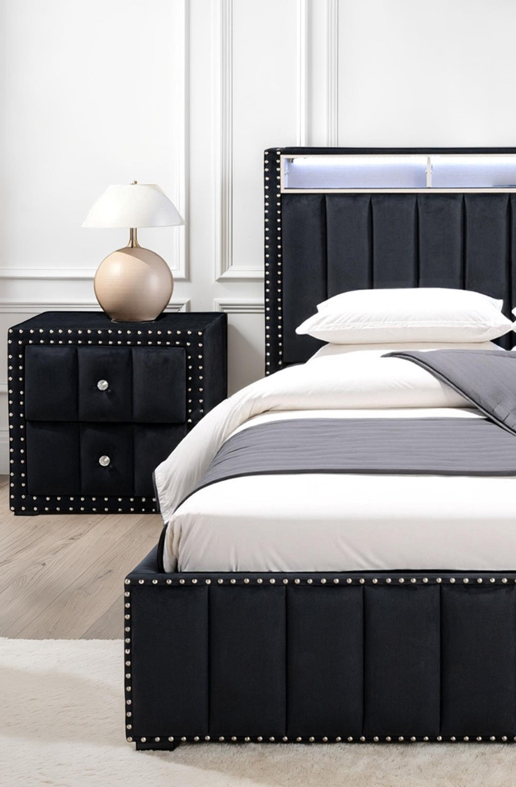 Queen Size Bed And 2x Nightstands Bedroom Furniture Luxury Look Black Fabric Upholstered Bedframe w LED Nailhead Trim 3pc Bedroom Set