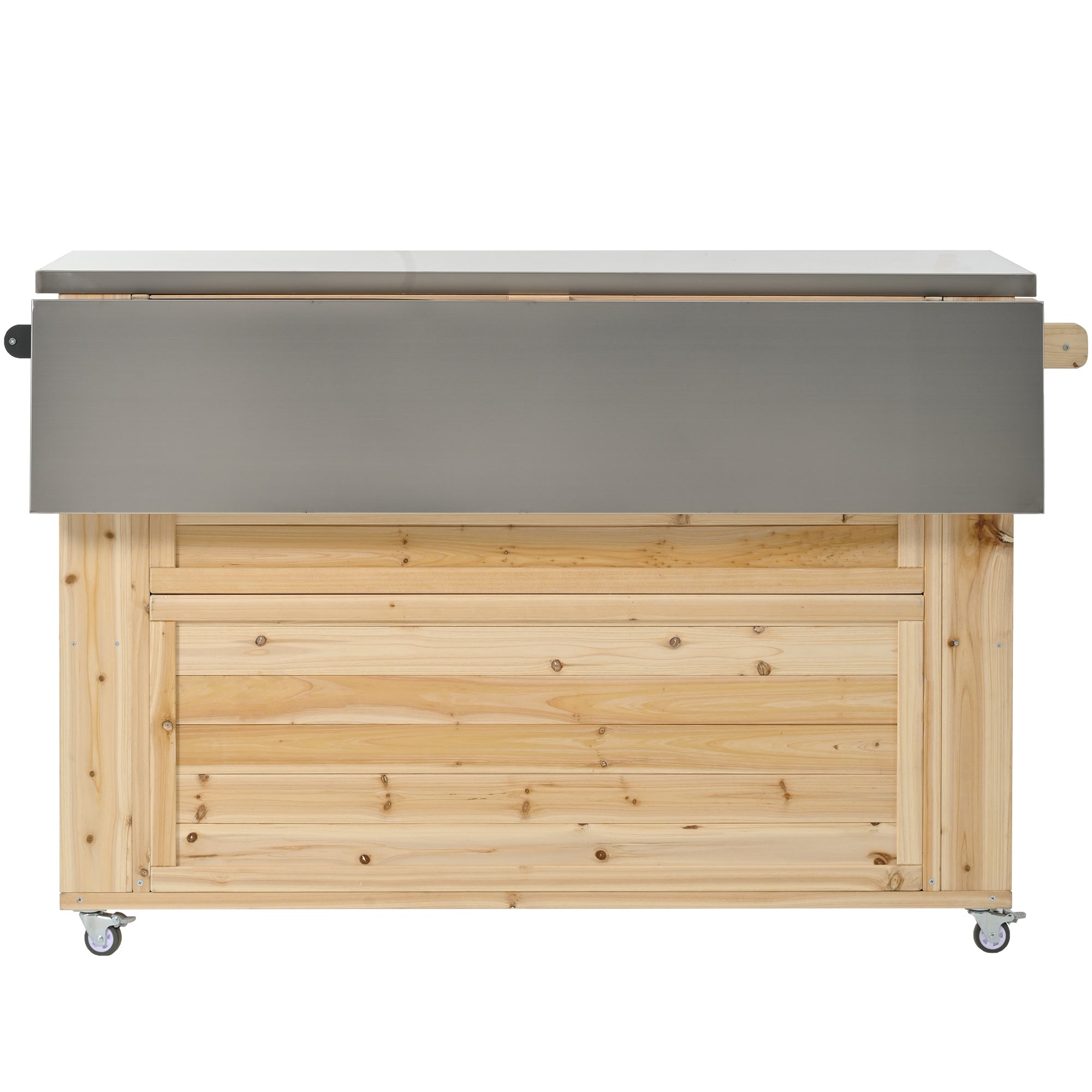 Outdoor Kitchen Island Fir Wood Kitchen Island with Stainless Steel Top, Ample Storage Space, Towel and Spice Racks, Bottle Opener, Natural
