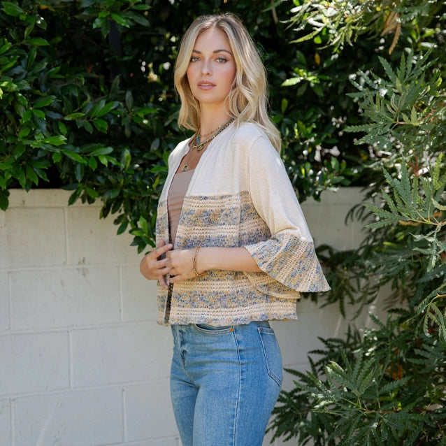 Young Threads Boho Chic: Tiered Patchwork Denim Cropped Shrug