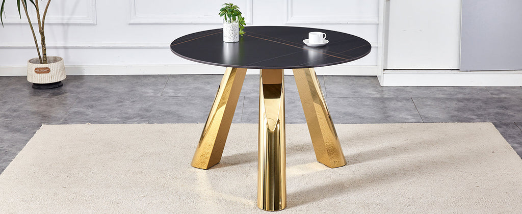 The 42-inch stainless steel gold-plated flamed granite round table with seating for 4 or 6 people is perfect for dining, entertaining, or as a conference table