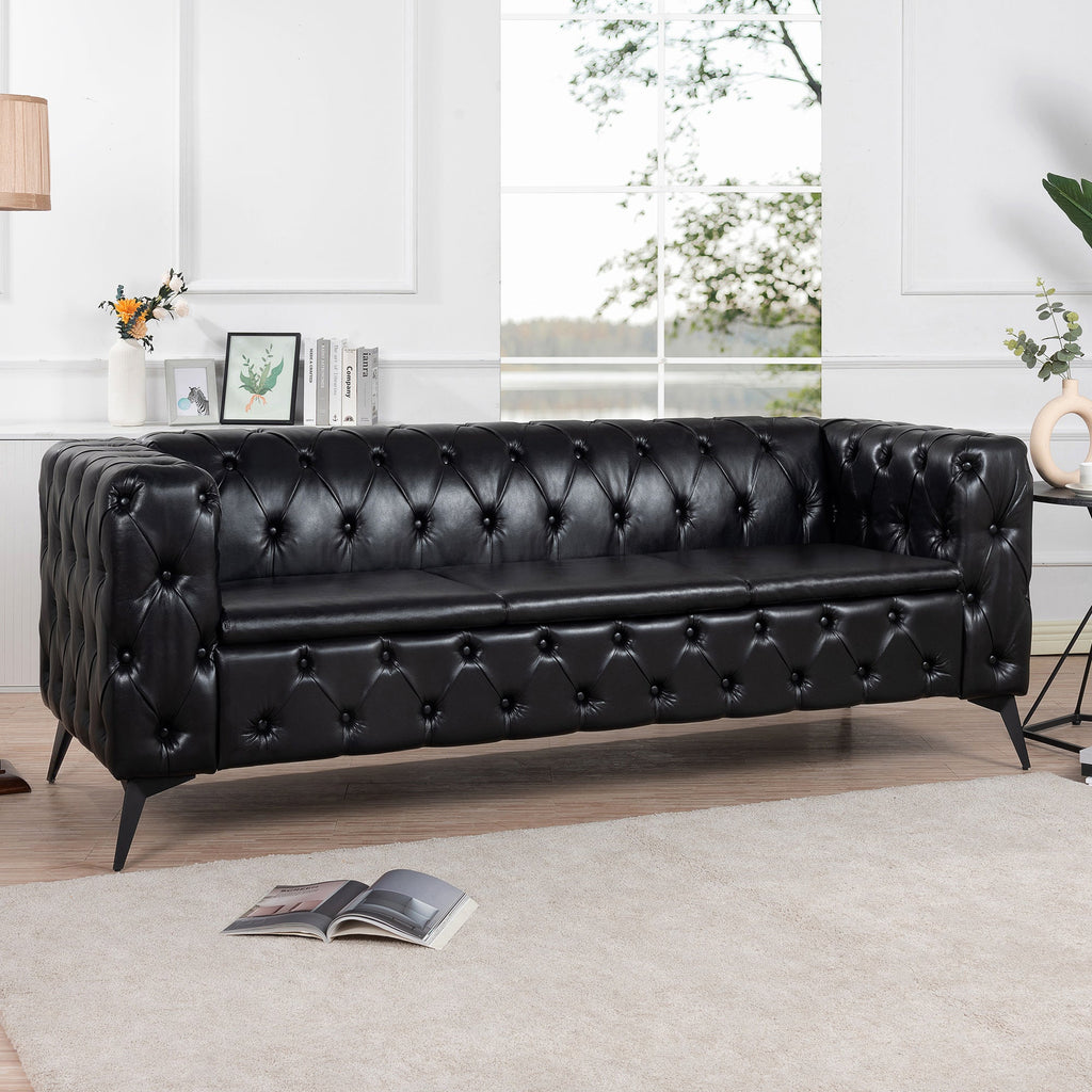 Traditional Square Arm Sofa with Removable Cushions in Black PU, 84.06 Inch Width