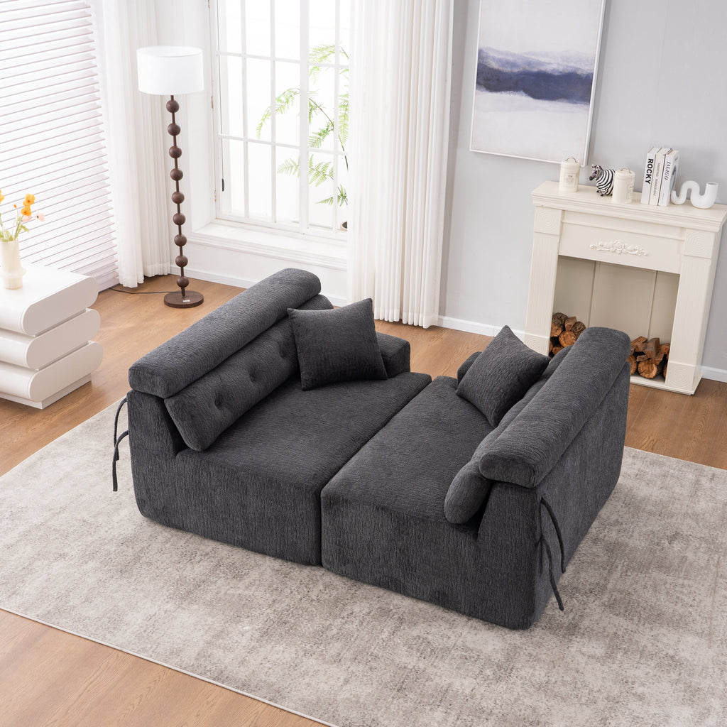 LY-029 GRAY COMPRESSION SOFA: 4-seater combined sofa, Wood Grain Chenille fabric, full sponge compression sofa,combined sofa with 2 pillows  for living/ Home Furniture/ Apartment