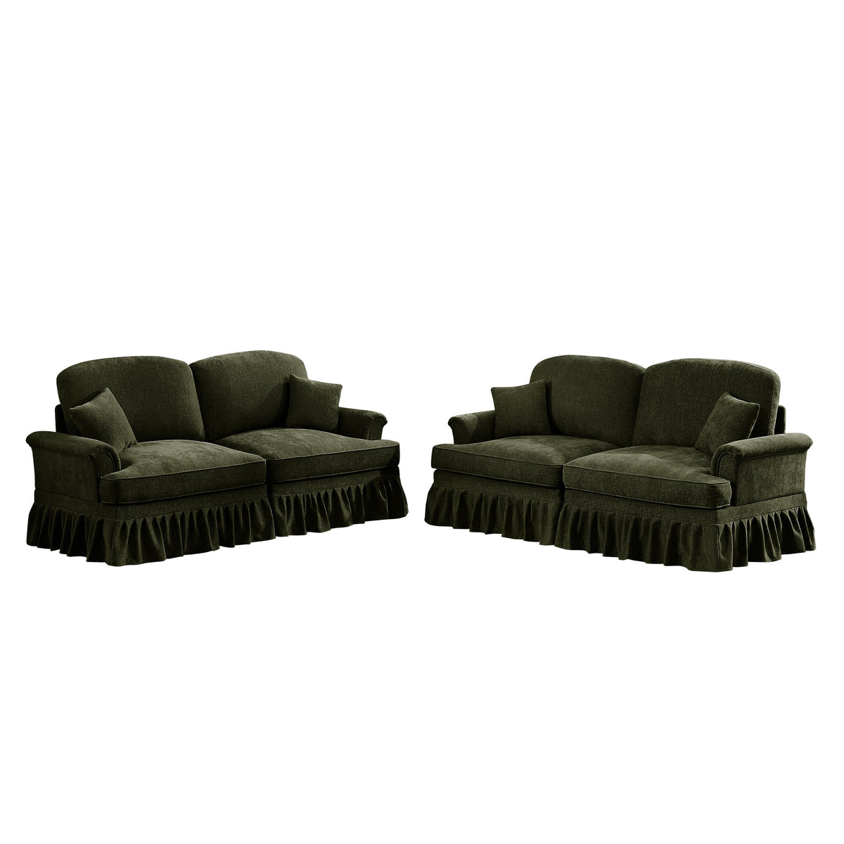 Classic 2 Piece Modular Couch Living Room Sofa Set with Flared Arms and Removable Ruffles Pleats Skirts and Spindle Legs, 2 Seater Sofa + 2-Seat Loveseat Sofa Sets for Living Room,Green