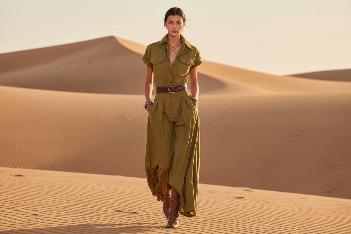 Women's Short-Sleeve Shirt Maxi Dress With Pockets – A-Line Stand Collar