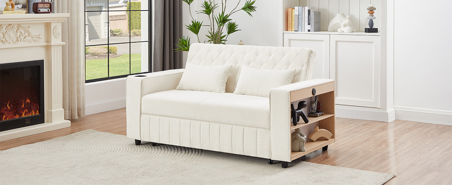 61.4' Pull-out Sofa Bed Convertible Couch Loveseat Sofa Modern Sleeper Sofa with Adjustable Backrest for Living Room, Beige