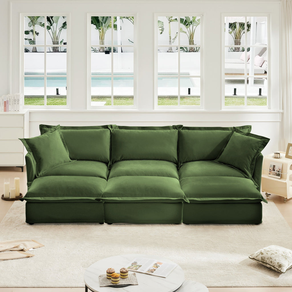Living Room Sofa Slipcovered Sofa 3 Seater Sofa With 3 Ottomans, Oversized 3-Seat Sleeper Sofa Bed Home Theater Sofa,  Chenille, Green