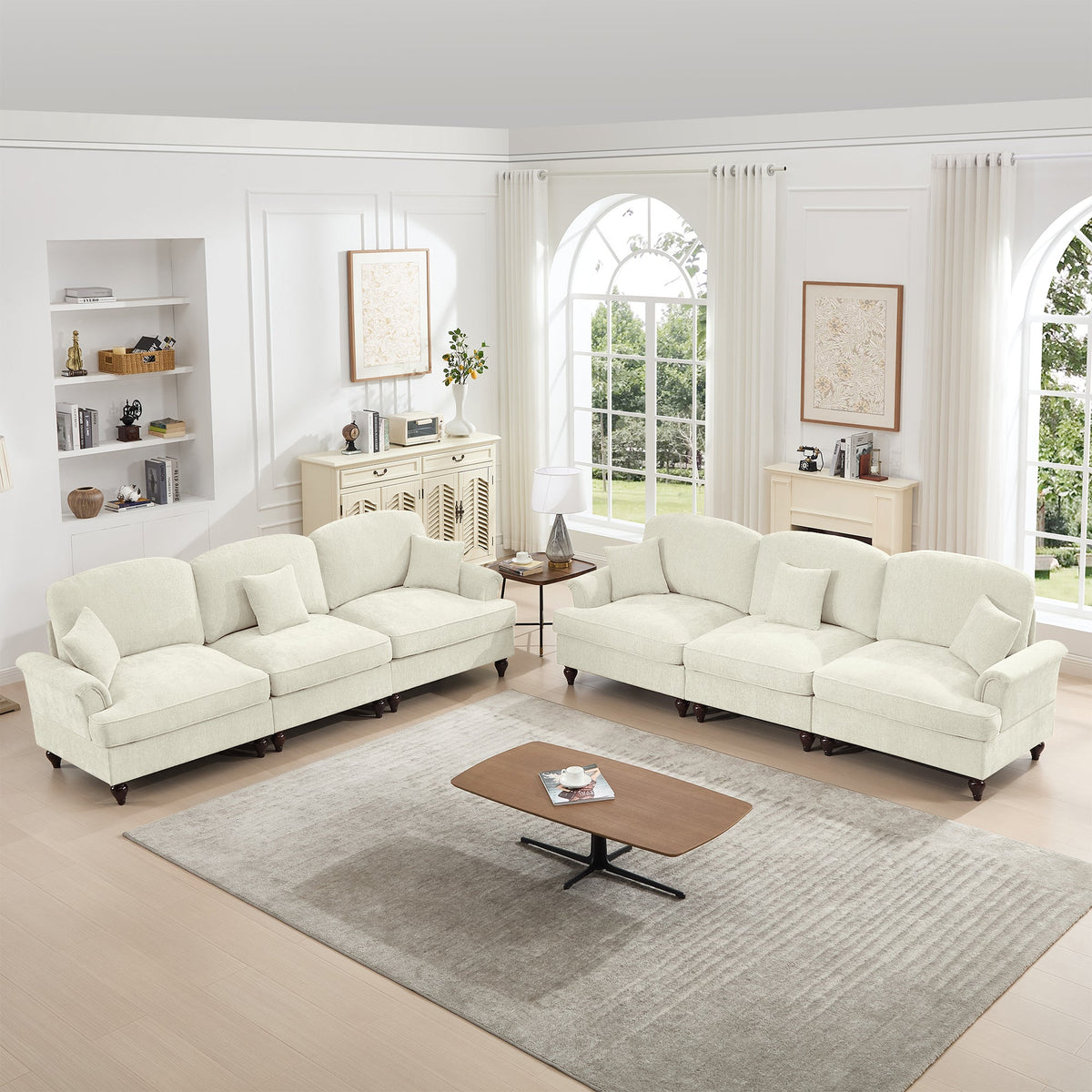 Classic 2 Piece Modular Couch Living Room Sofa Set with Flared Arms and Removable Ruffles Pleats Skirts and Spindle Legs, 3 Seater Sofa +3-Seat Loveseat Sofa Sets for Living Room, Beige White