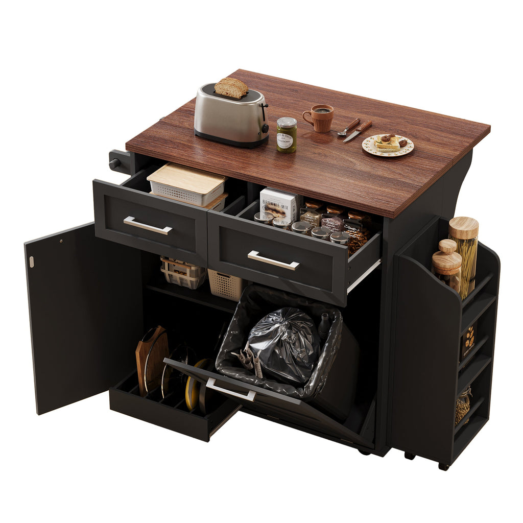 K&K 47.2' Farmhouse Kitchen Island with Drop Leaf, Kitchen Storage Island with Removable Side Racks, Two Drawers, Rolling Kitchen Cart on Wheels with Towel Rack, for Home, Kitchen, Dining Room, Black