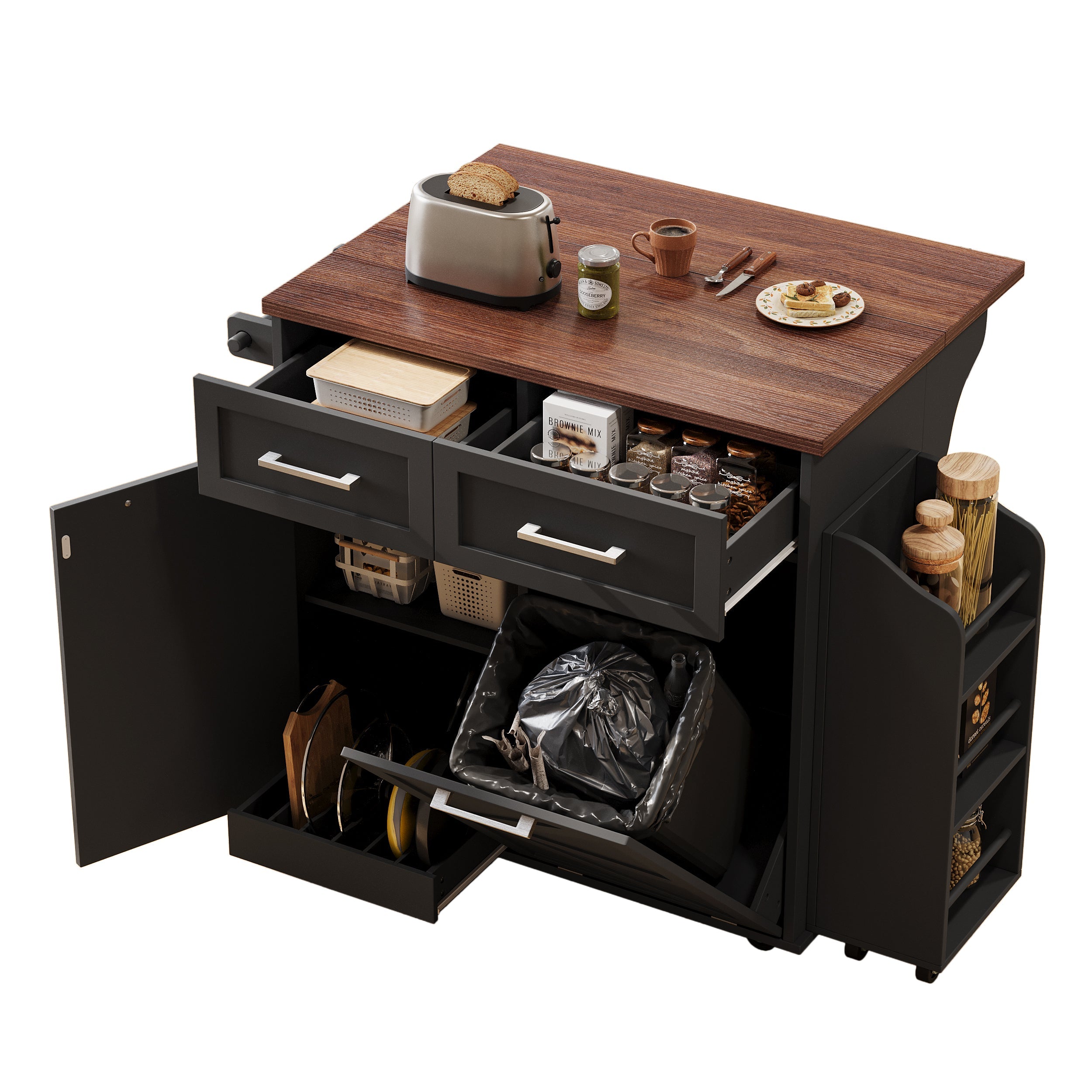 K&K 47.2' Farmhouse Kitchen Island with Drop Leaf, Kitchen Storage Island with Removable Side Racks, Two Drawers, Rolling Kitchen Cart on Wheels with Towel Rack, for Home, Kitchen, Dining Room, Black