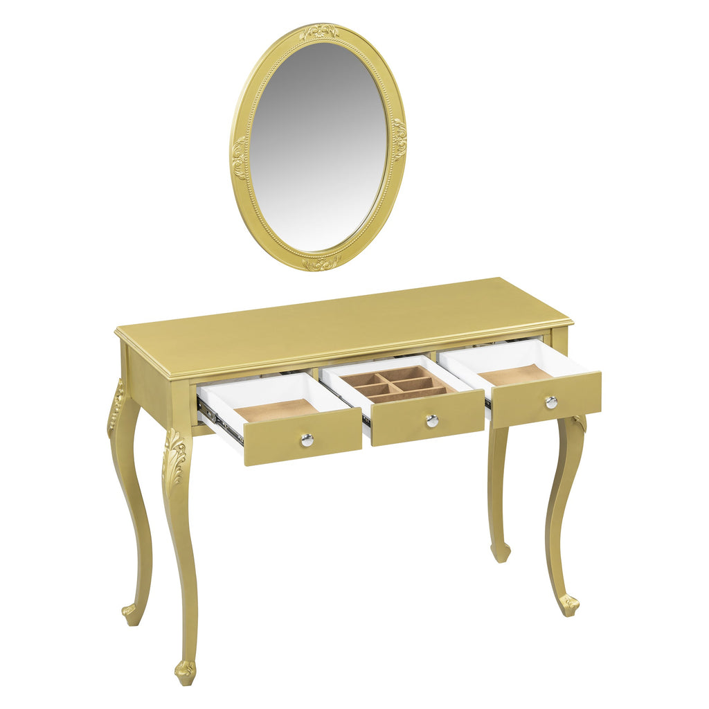 Luxury Makeup Vanity Desk with Oval Mirror, 3-Drawer Dressing Table for Jewelry Storage, Elegant Console Table for Entryway, Living Room & Bedroom, Stylish Home Decor,Gold