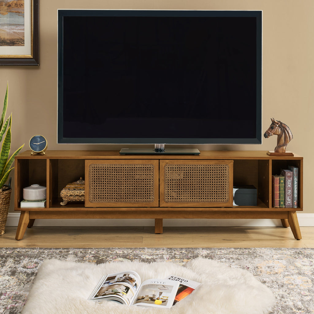 67.9 Inch Mid Century Modern Rattan TV Stand for TVs up to 75', Entertainment Cabinet, Media Console for Living Room Media Room, Solid Wood Feet & Rattan Cabinet Doors - Light Walnut