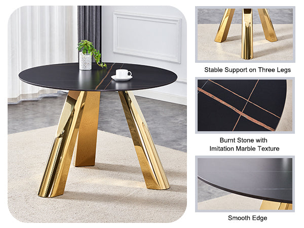 The 42-inch stainless steel gold-plated flamed granite round table with seating for 4 or 6 people is perfect for dining, entertaining, or as a conference table