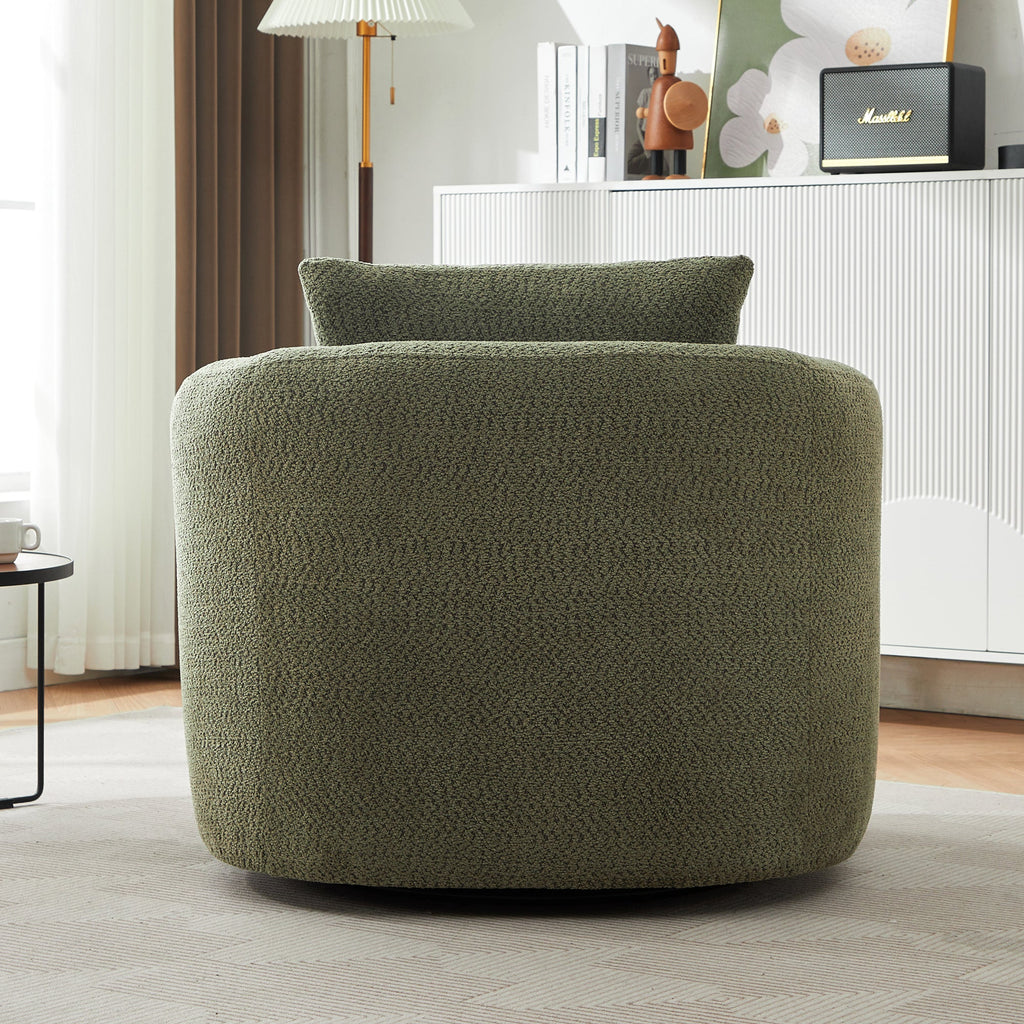 360° Swivel Chair, Chenille Upholstered Barrel Sofa Chair with Throw Pillow, Green, 38.2' for Living Room, Bedroom, Office