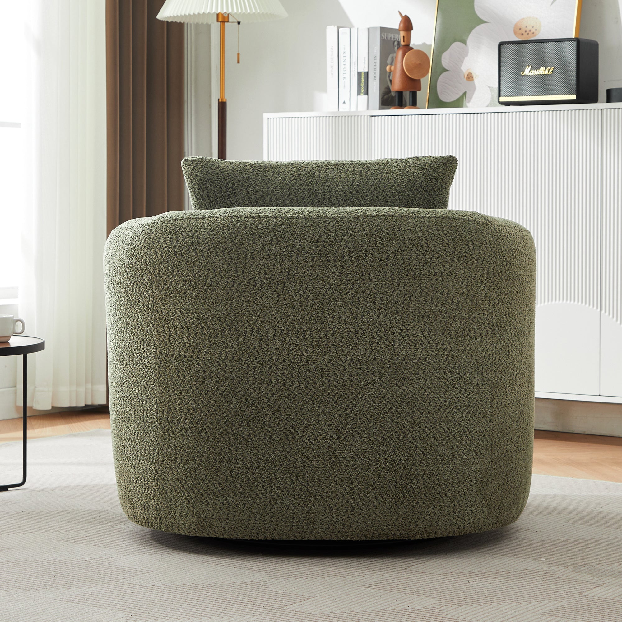 360° Swivel Chair, Chenille Upholstered Barrel Sofa Chair with Throw Pillow, Green, 38.2' for Living Room, Bedroom, Office
