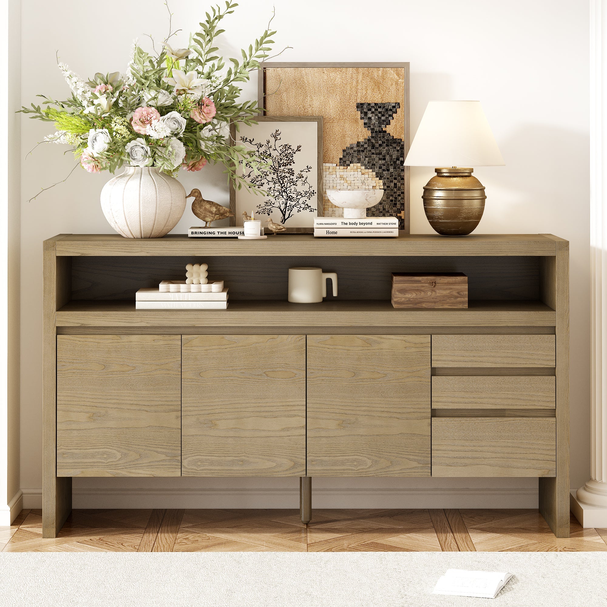 U_Style 60' 3-Door Sideboard with 3 Drawers - Modern Solid Ash Veneer MDF Sideboard, Semi-Open Shelf & Center Semi-Circular Cutout in Back Panel, Large Storage Cabinet for Living Room, Hallway, Dining