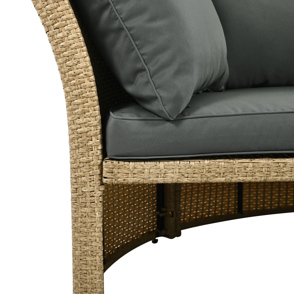 Outdoor Patio Daybed Wicker Rattan Double Daybed with Retractable Canopy, Grey, Polyester Upholstery, 71.7 x 63.4 x 62.2 inches