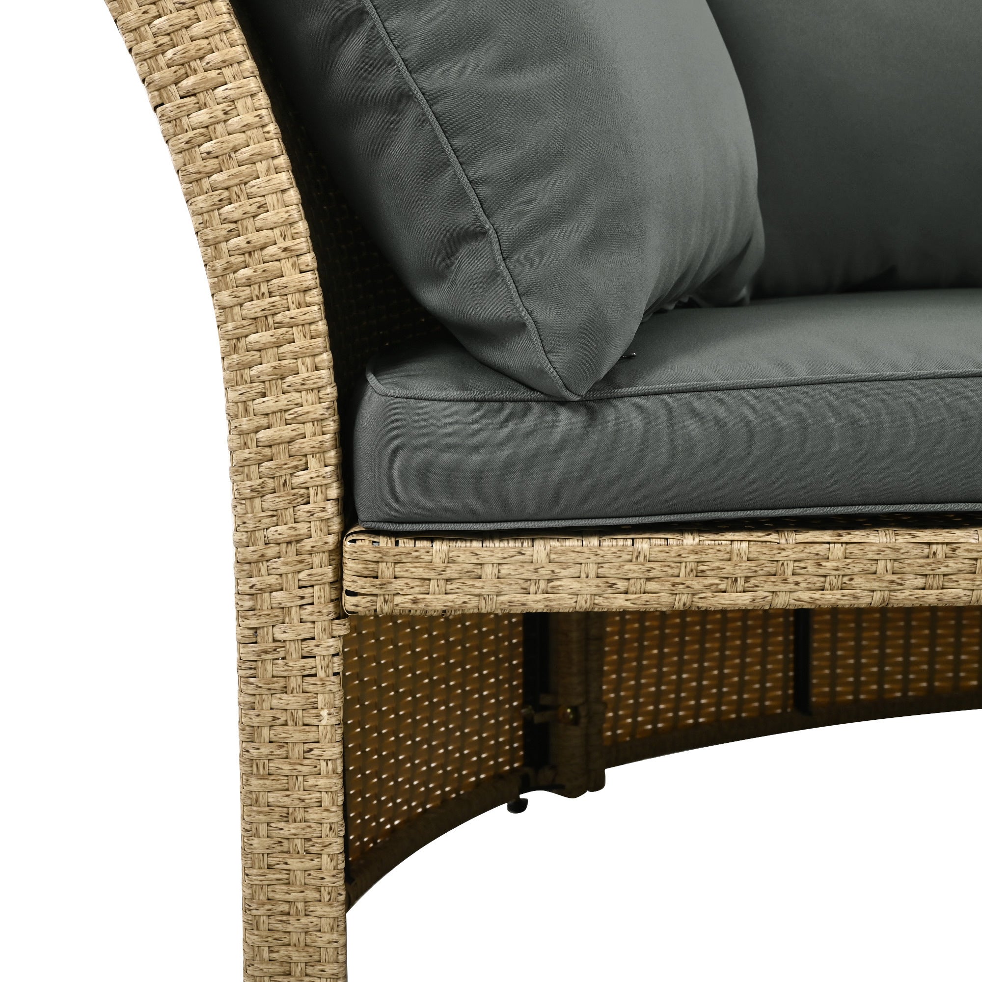 Outdoor Patio Daybed Wicker Rattan Double Daybed with Retractable Canopy, Grey, Polyester Upholstery, 71.7 x 63.4 x 62.2 inches