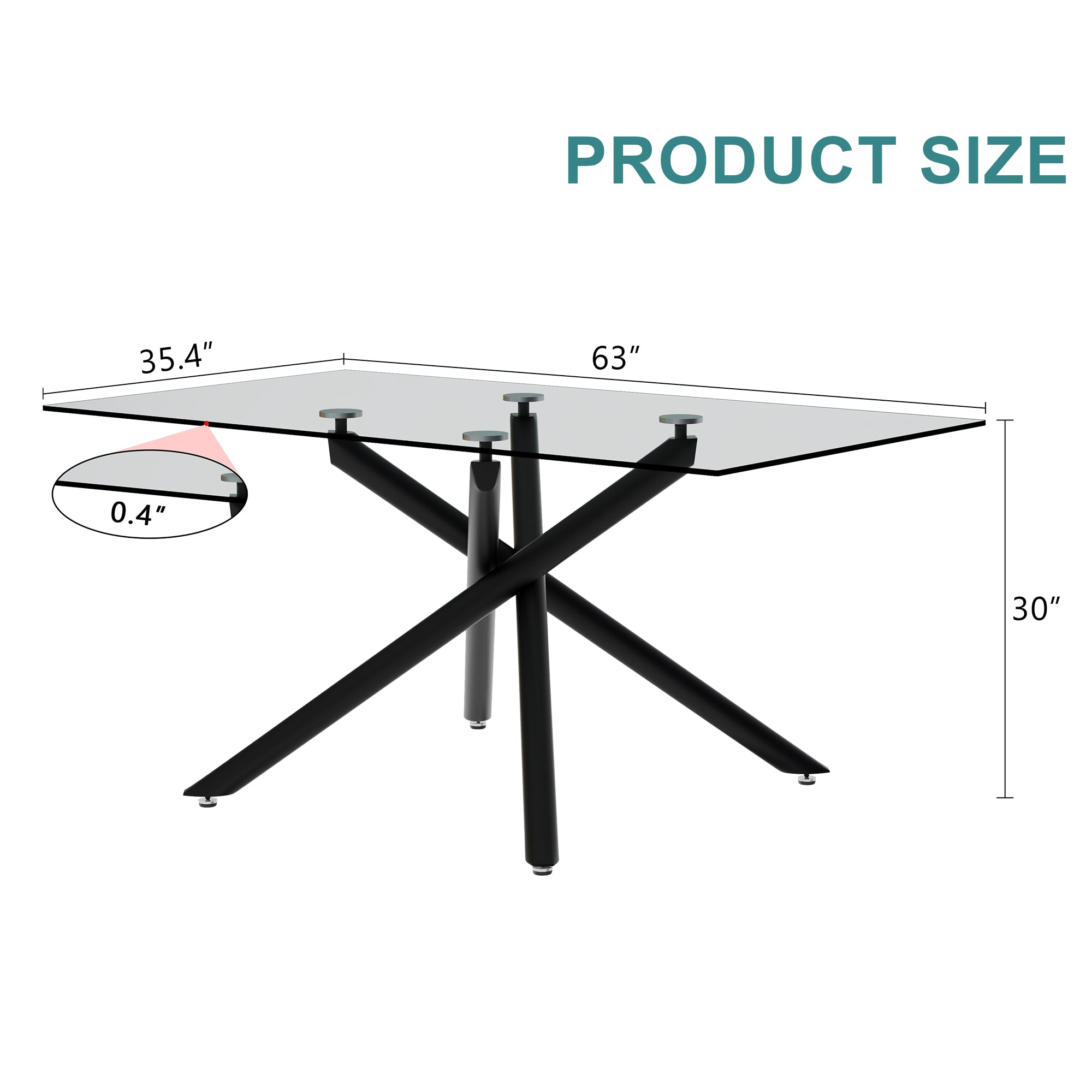 Large Modern Minimalist Rectangular Glass Dining Table for 6-8 with 0.39' Tempered Glass Tabletop and Black color Metal Legs, for Kitchen Dining Living Meeting Room Banquet hall.W1151S01207