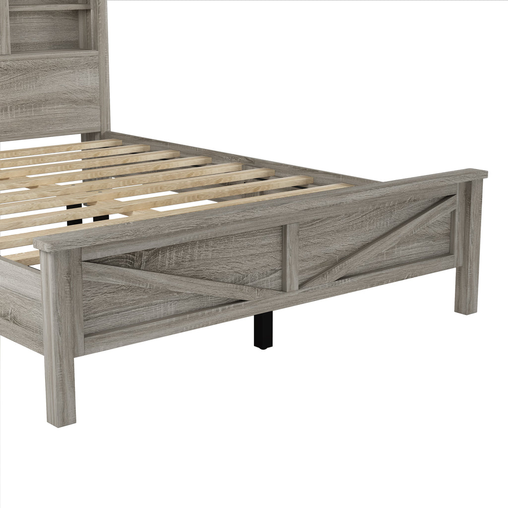 3-Pieces Bedroom Sets Queen Size Farmhouse Platform Bed with Double Sliding Door Storage Headboard and Charging Station, Storage Nightstand and Dresser, Antique Gray(Old SKU HL000092AAG)