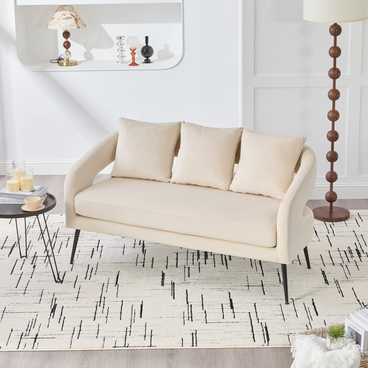 Mid Century Modern Velvet 3-Piece Living Room Set with Metal Legs in Beige, Loveseat & 2 Accent Chairs, Upholstered in Soft Velvet with Round Arms and Solid Wood Frame