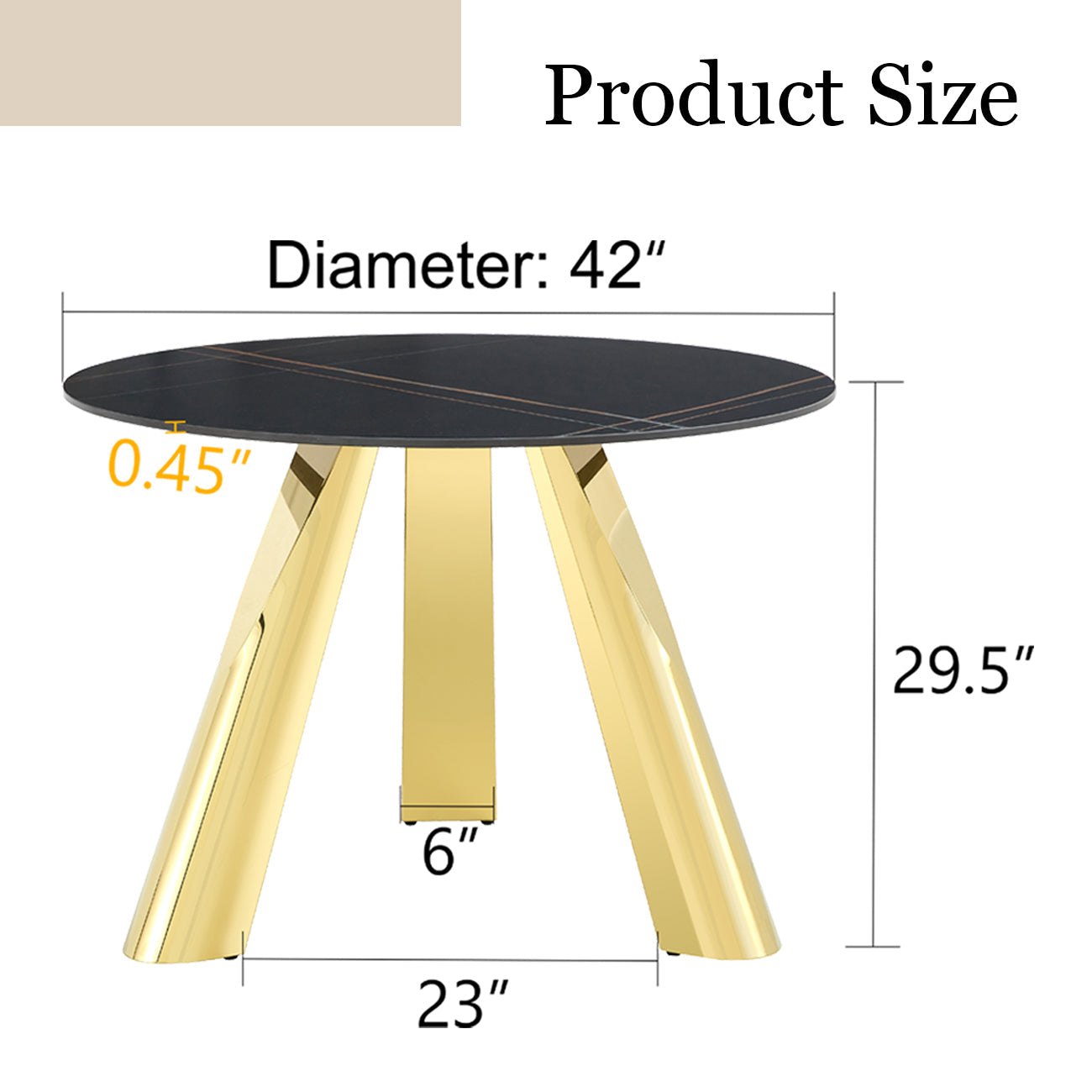 The 42-inch stainless steel gold-plated flamed granite round table with seating for 4 or 6 people is perfect for dining, entertaining, or as a conference table