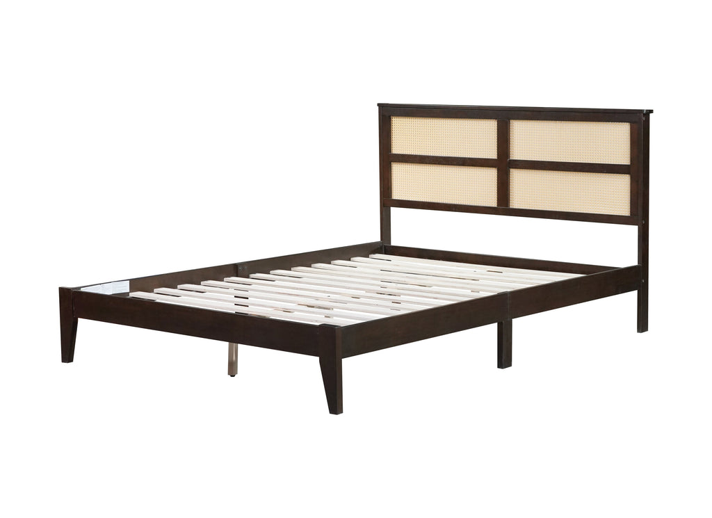 Queen Size Rubber Wooden, Solid Wooden Bed with Rattan Headboard, Enhanced by Support Feet,Espresso