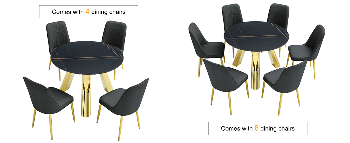 The 42-inch stainless steel gold-plated flamed granite round table with seating for 4 or 6 people is perfect for dining, entertaining, or as a conference table