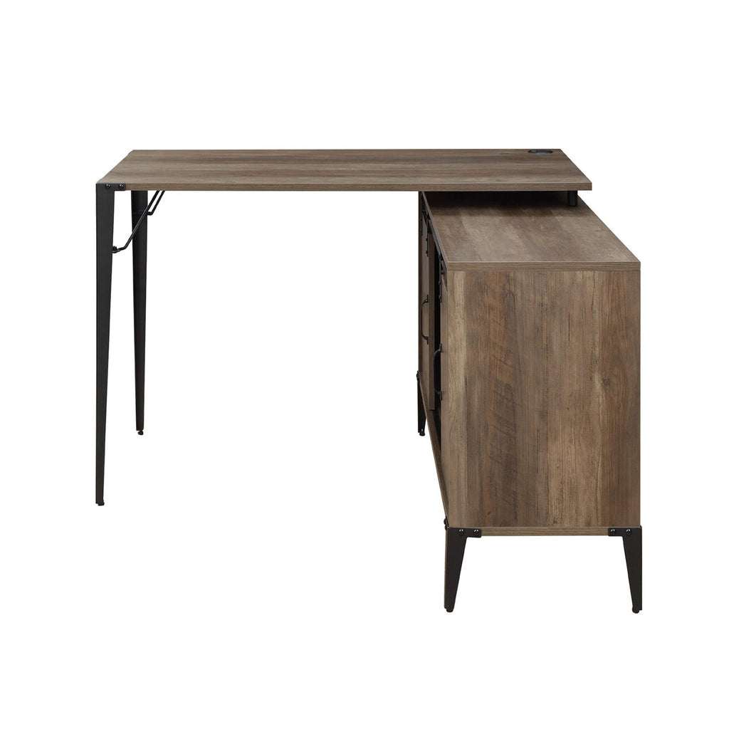 L-Shape Writing Desk with Side Cabinet, Rustic Oak and Black