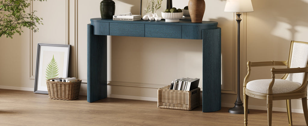 TREXM Entryway Table with Natural Wood Grain Finish, Console Table with Fluted Design, Oval Top and 2 Drawers for Entryway and Living Room (Navy)