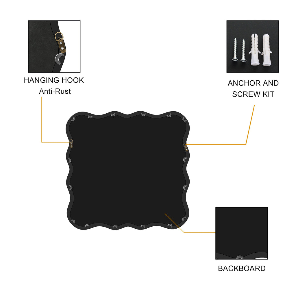 Solid Wood Wavy Square Mirror-Black 36' x 36' Modern Mirror Wall Decor for Bathroom, Bedroom, Living Room, Dining Room, Cloakroom, Entryway