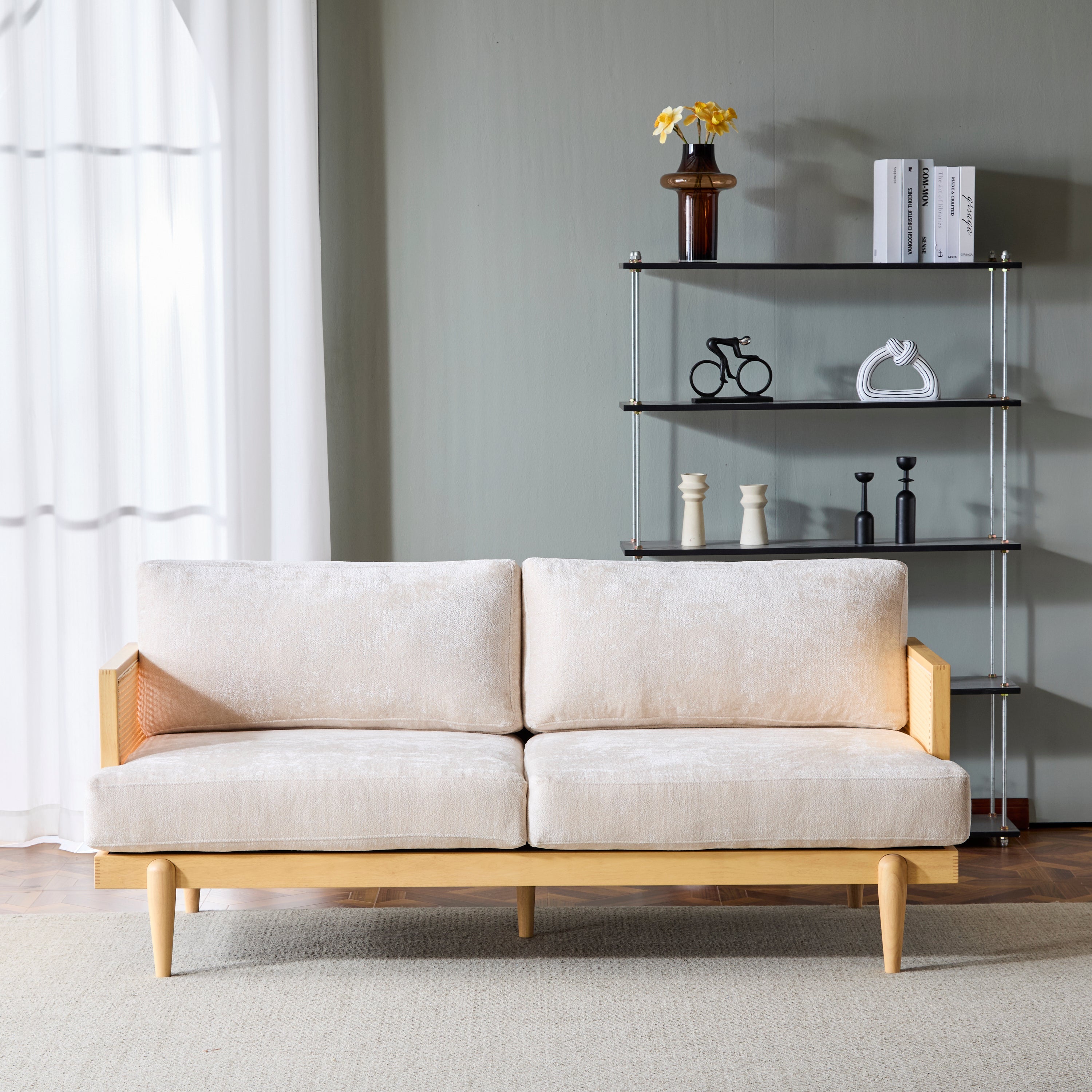 EMIR 72' Square Arm 3-Seater Sofa with Cane Rattan and Wooden Frame,Natural,,Living Rooms,Bedrooms,Apartment Office