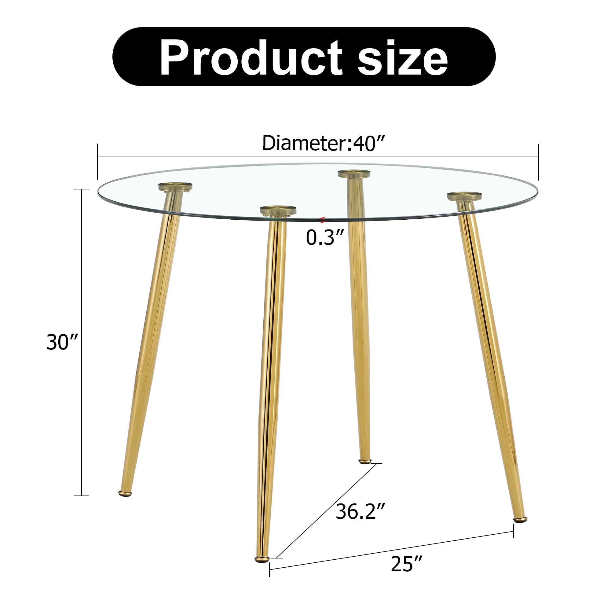 A glass tabletop with a diameter of 40 inches and a modern minimalist circular dining table with gold plated metal legs. 40 '* 40' * 30 ' DT-1164.W1151S00375