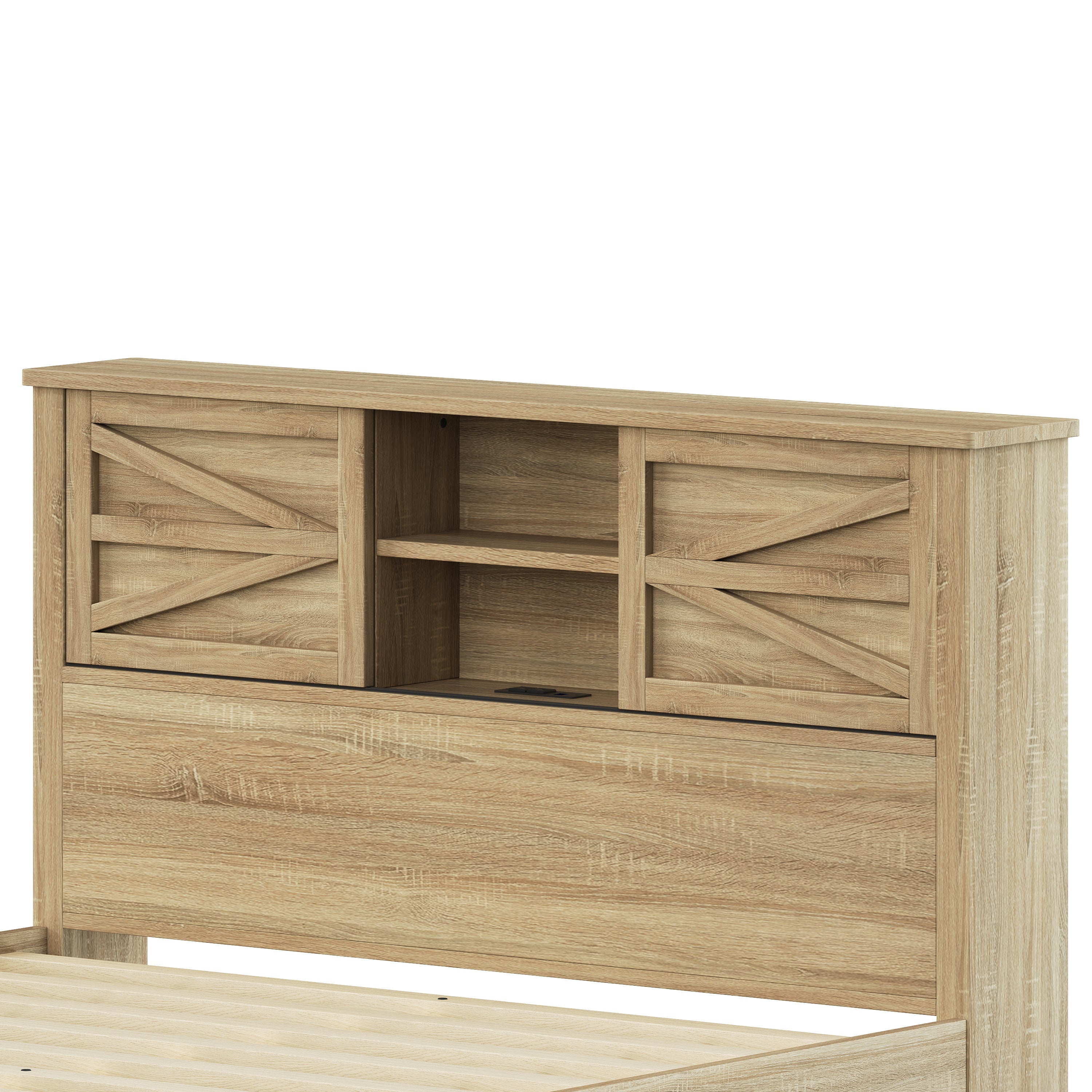 3-Pieces Bedroom Sets Queen Size Farmhouse Platform Bed with Double Sliding Door Storage Headboard and Charging Station, Storage Nightstand and Dresser, Natural