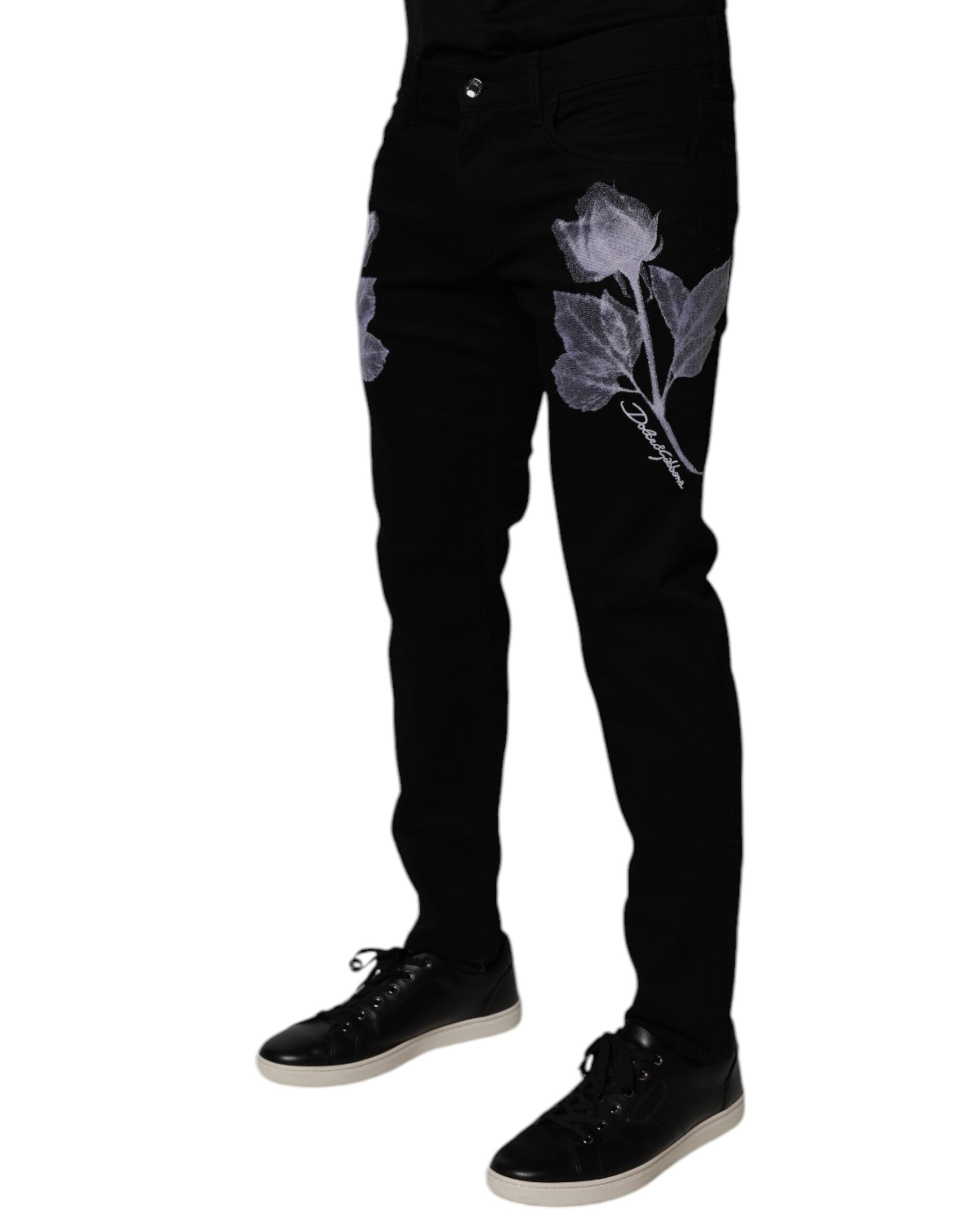 Dolce & Gabbana Black Floral Cotton Skinny Men Denim Jeans