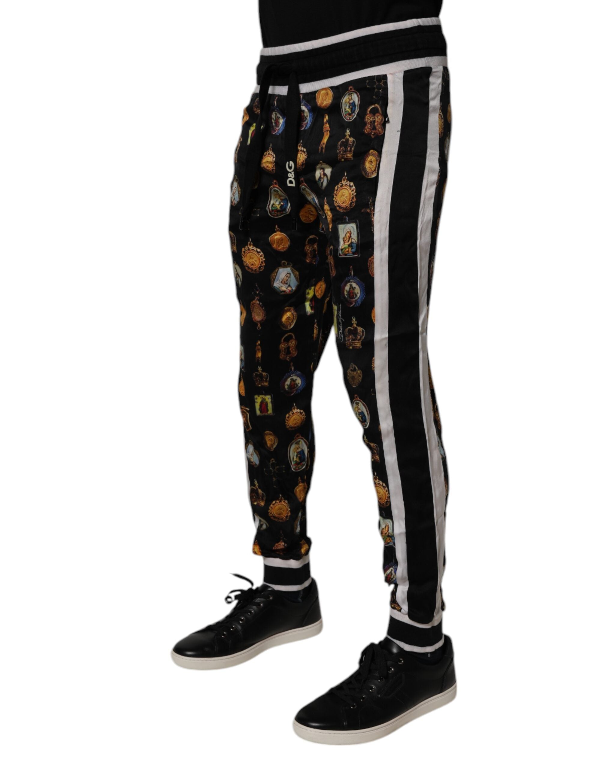 Dolce & Gabbana Black Religious Print Silk Men Jogger Pants