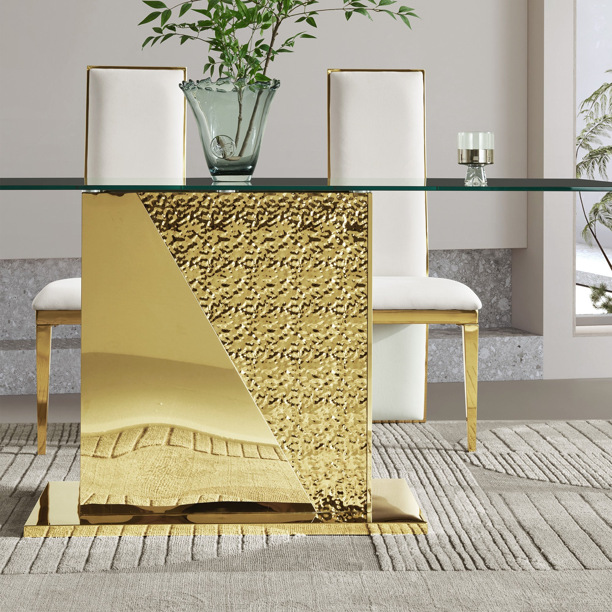 Gold stainless steel legs dining table  70.08 inch black  tempered glass top