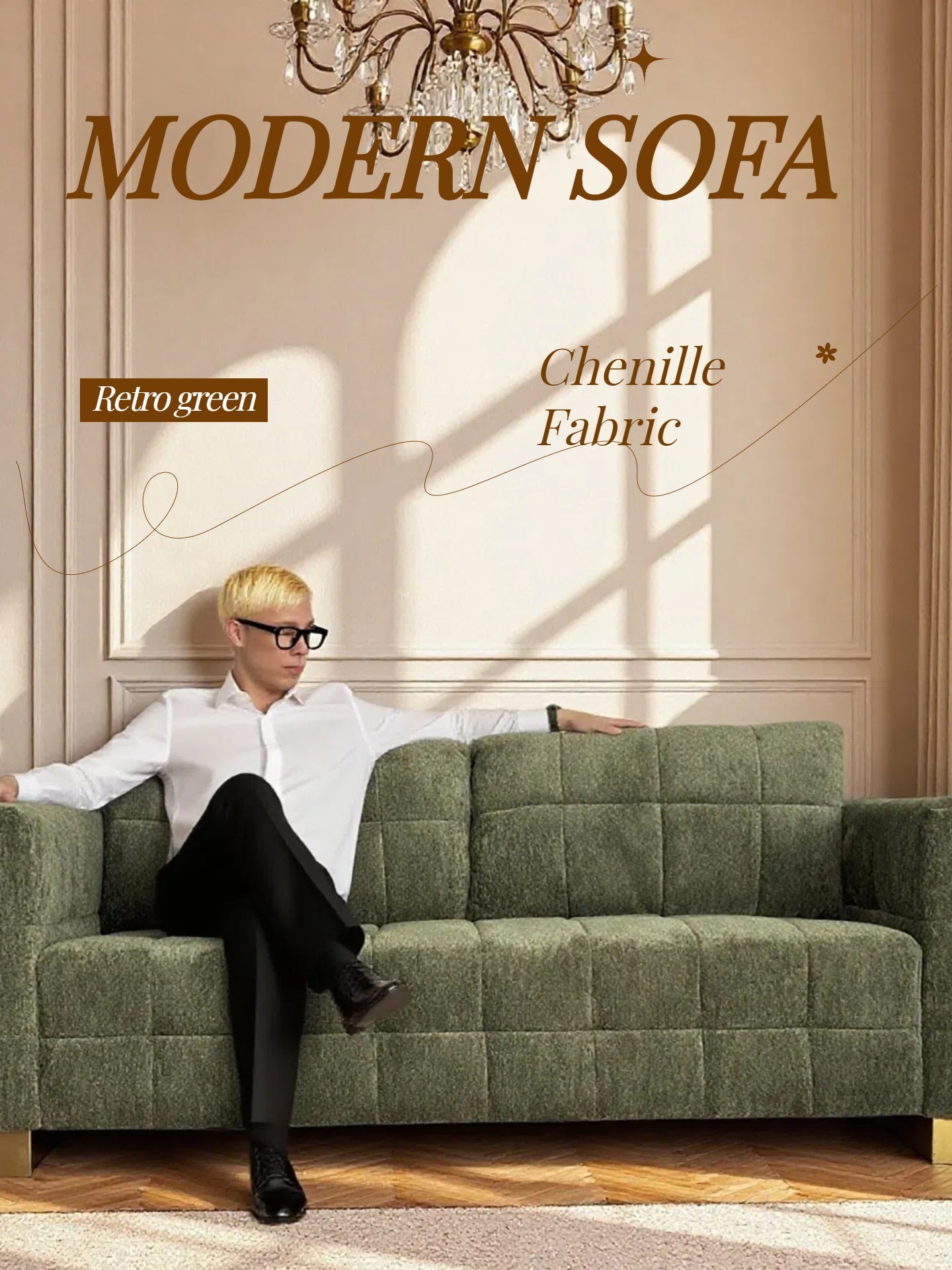 FX-P54-RG SOFA  Modern Green Chenille Sofa Couch, 3-Seater with Square-Tufted Design & Custom Stainless-Steel Legs Comfortable Living Room Couch for Apartment & Small Spaces