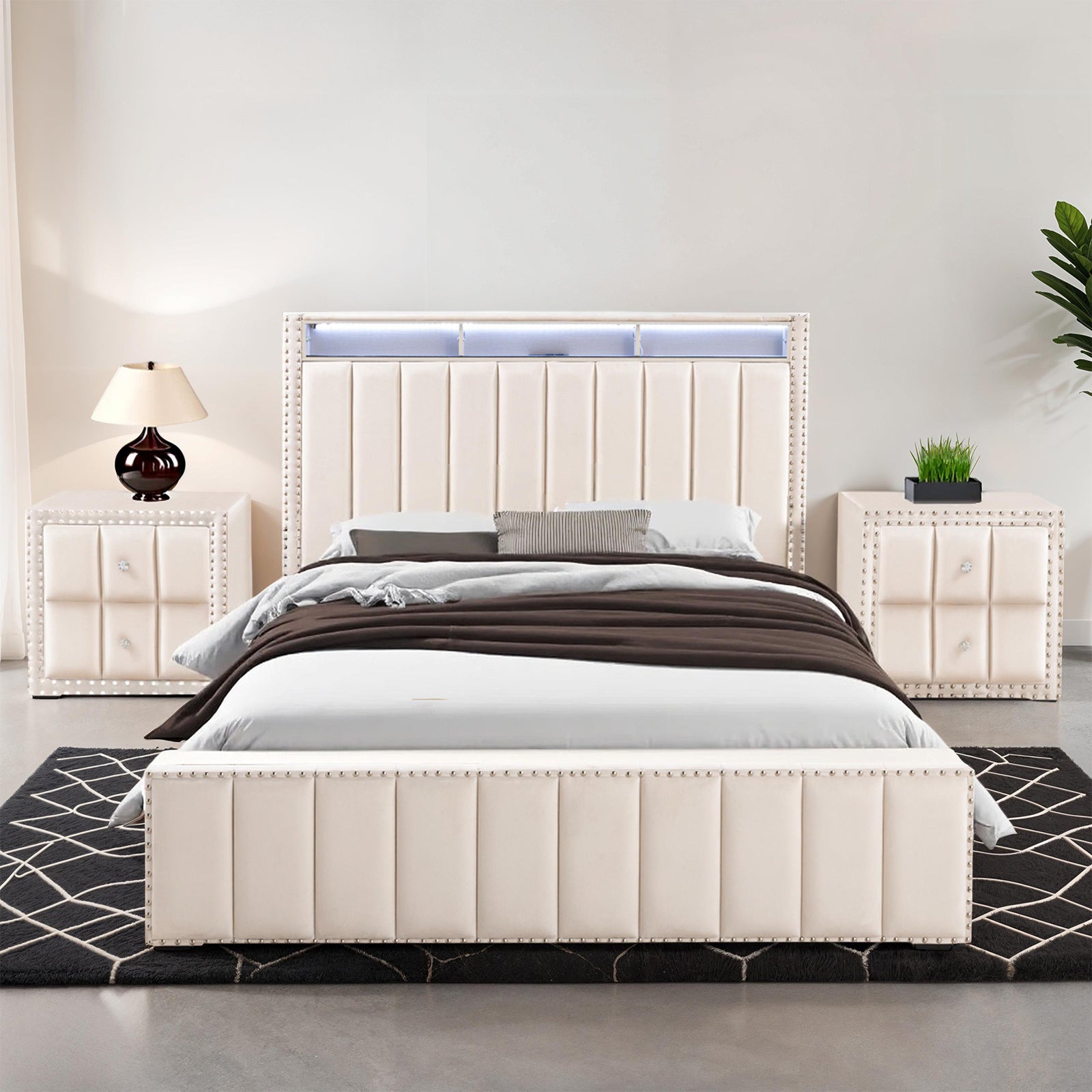 Full Size Bed 2x Nightstands Bedroom Furniture Contemporary Beige Fabric Upholstered Bedframe w LED Nailhead Trim 3pc Bedroom Set