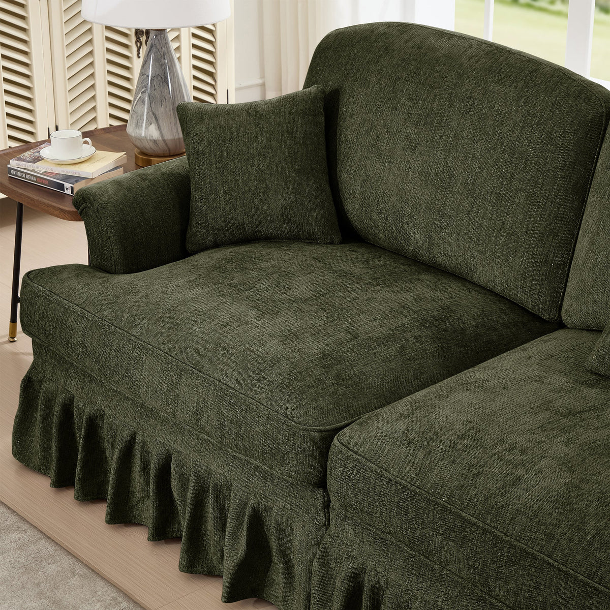 Classic 2 Piece Modular Couch Living Room Sofa Set with Flared Arms and Removable Ruffles Pleats Skirts and Spindle Legs, 2 Seater Sofa + 2-Seat Loveseat Sofa Sets for Living Room,Green