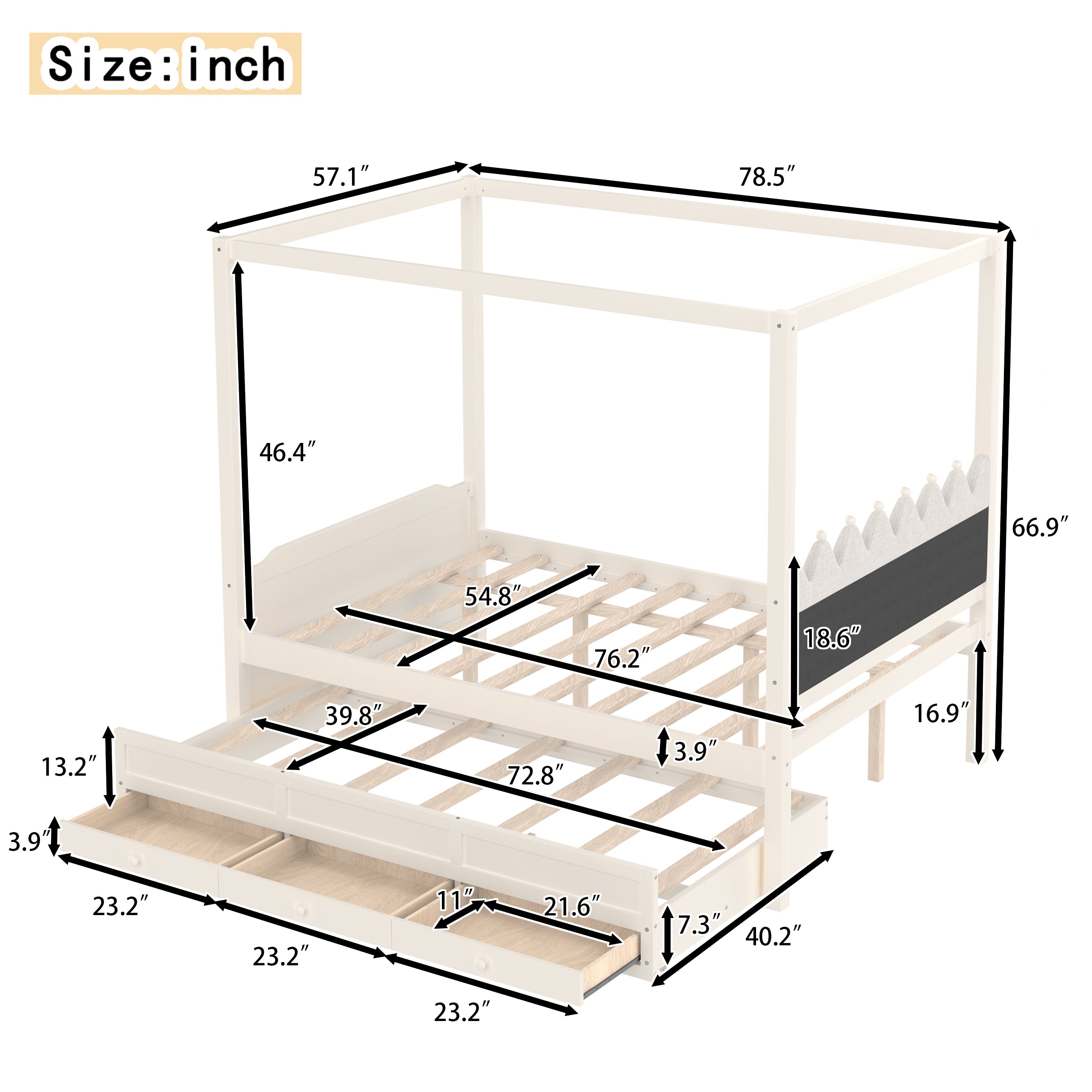 Full Platform Bed with Upholstered Headboard,Twin Size Trundle and 3 Drawers,Princess Canopy Bed Frame for Kids,Storage & Easy Assembly,Beige.