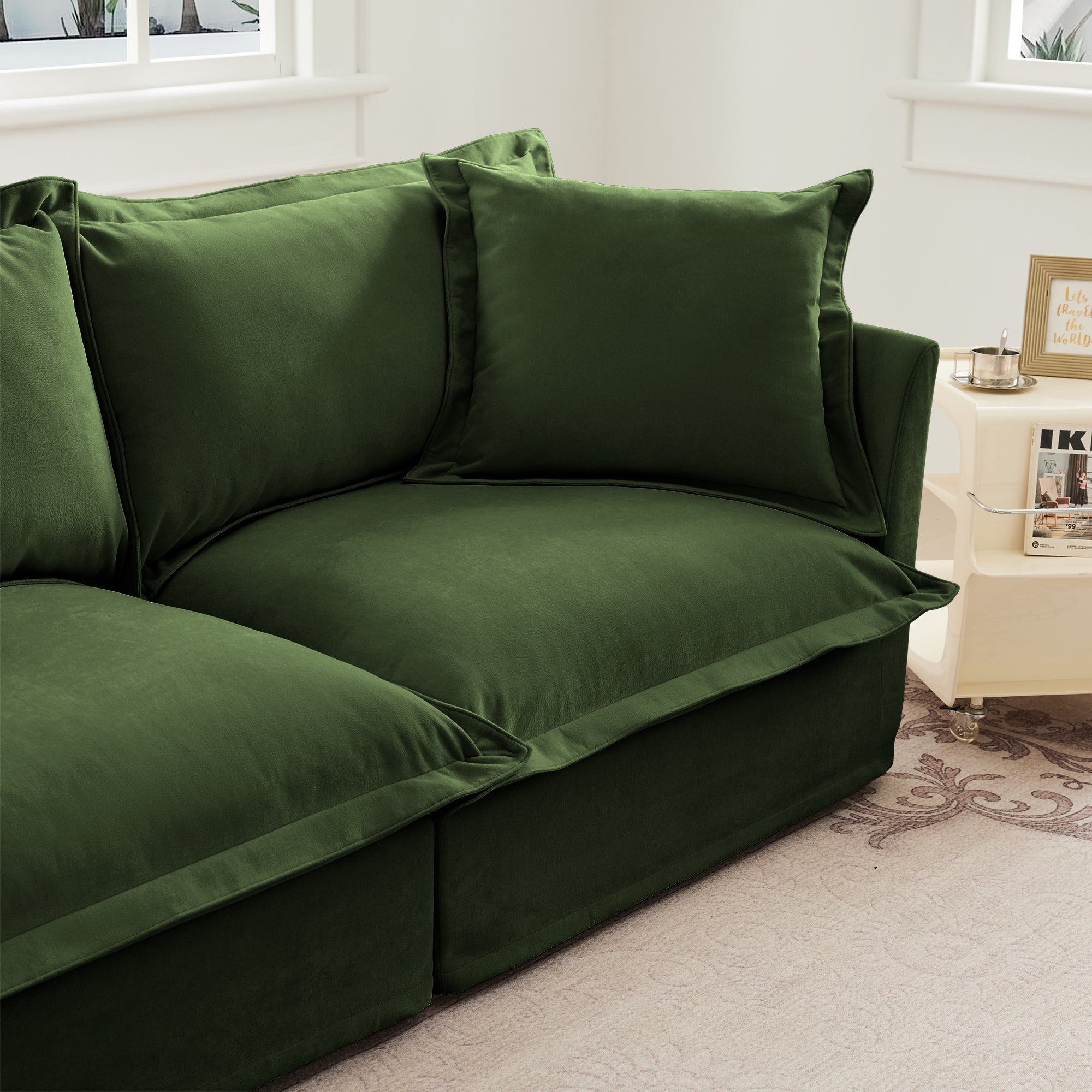 Slipcovered Sofa 2 Seater Sofa    With 2 Ottomans, 2 Seater Sleeper Sofa Bed Home Theater Oversized Sofa For Living Room,  Chenille, Green