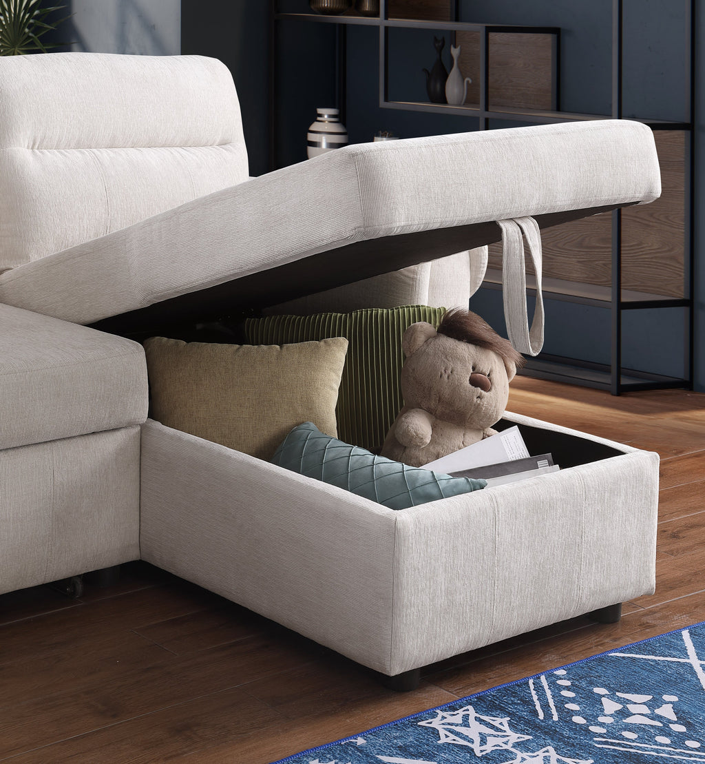 Hugo 97'W Beige Chenille Reversible Sleeper Sectional Sofa Chaise with USB Charger