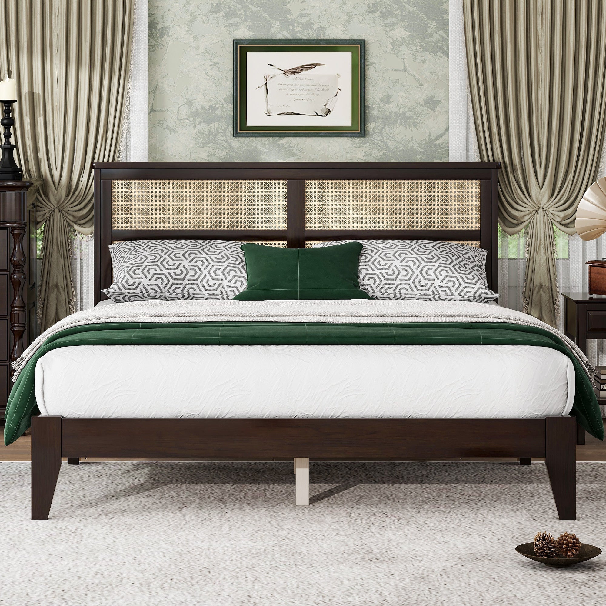 Queen Size Rubber Wooden, Solid Wooden Bed with Rattan Headboard, Enhanced by Support Feet,Espresso