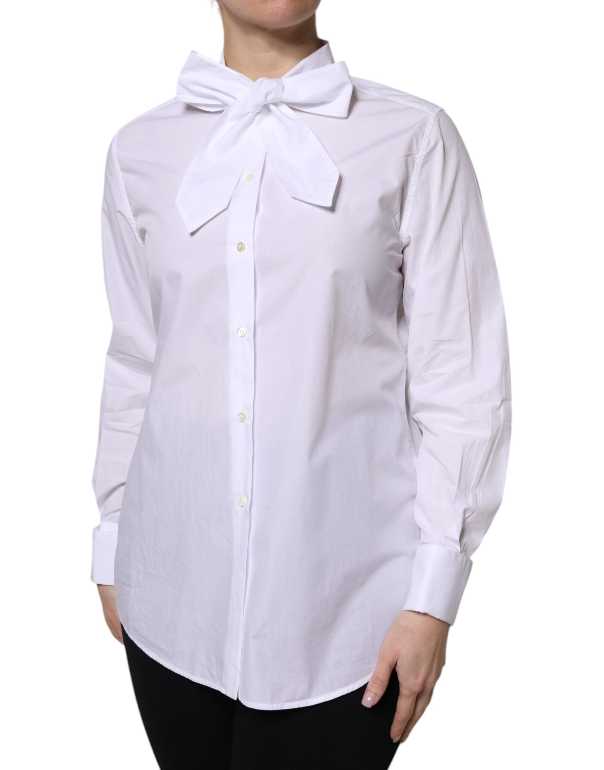 Dolce & Gabbana White Ascot Collar Long Sleeve Blouse Top