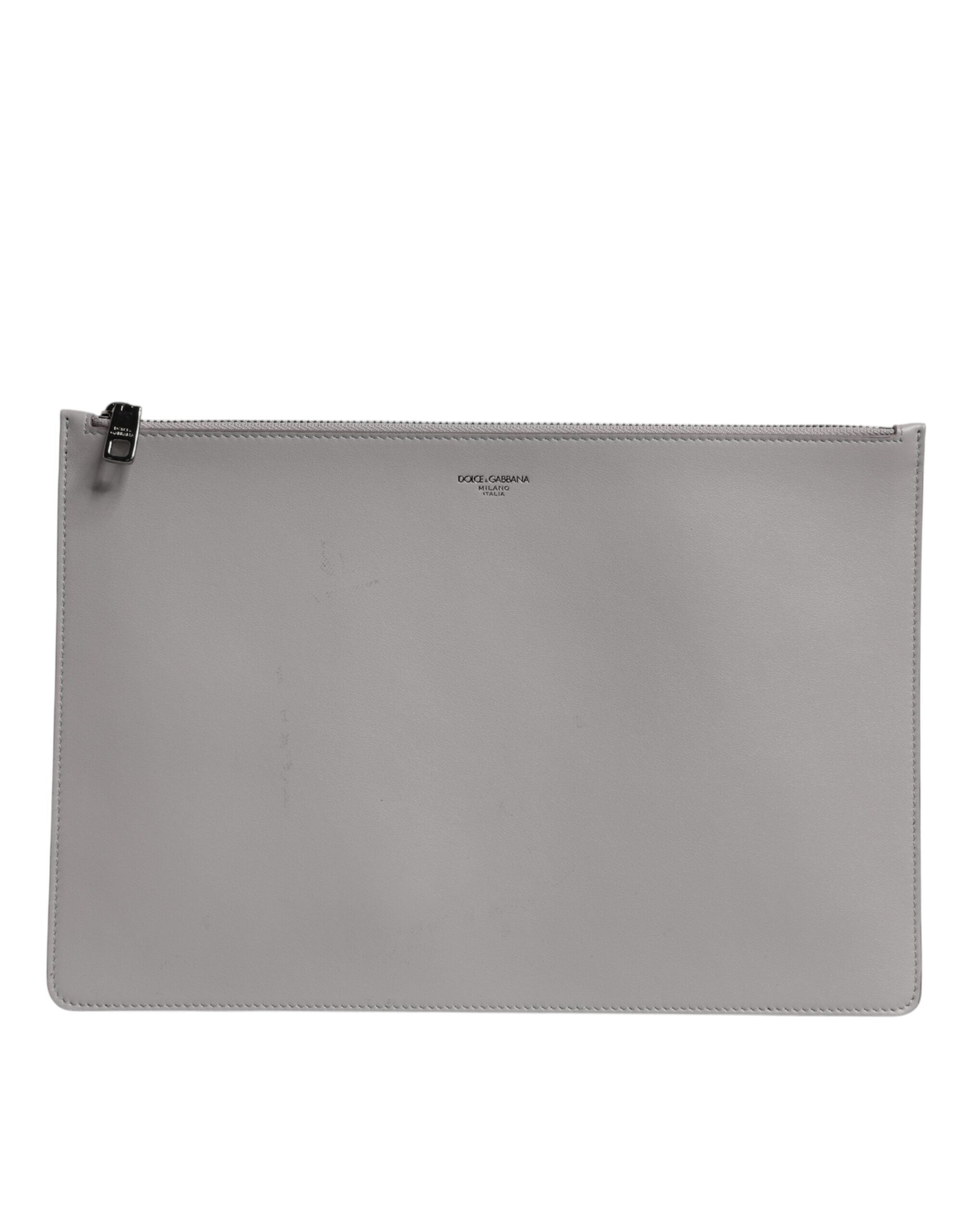 Dolce & Gabbana Gray Solid Leather DG Logo Men Clutch Zip Pouch Bag