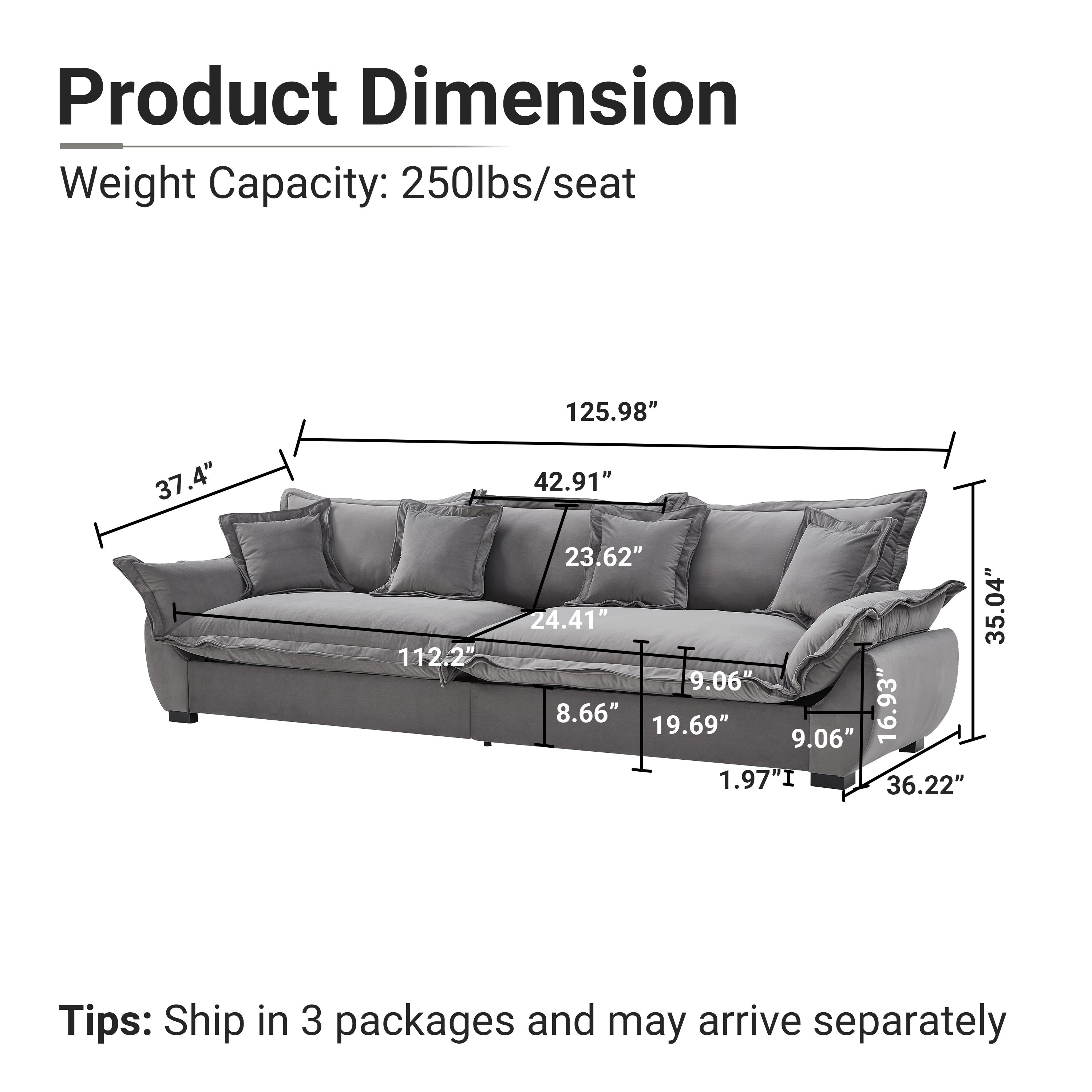 Modular Sectional Sofa, Sailing Design Sofa with Storage, Removable Backrest, Modern Deep Seat Sofa with Throw Pillows for Living Room Bedroom Apartment,Gray